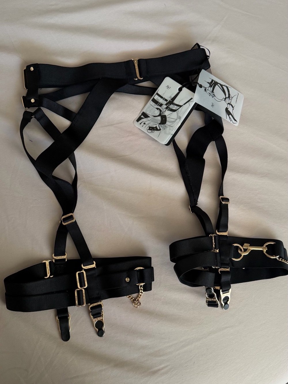 Honey Birdette KUKURO Black Strap Leg Harnesses with Gold Hardware